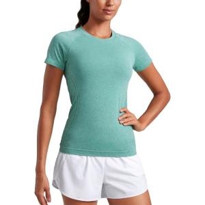 CRZ YOGA Seamless Workout Tops for Women Hip Length – Athletic Running Gym Yoga Short Sleeve Shirts Breathable Crewneck Tees(Cascadia Green Heather)