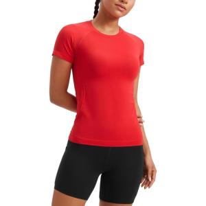 CRZ YOGA Seamless Workout Tops for Women Hip Length – Athletic Running Gym Yoga Short Sleeve Shirts Breathable Crewneck Tees(Deep Red)
