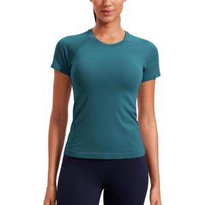 CRZ YOGA Seamless Workout Tops for Women Hip Length – Athletic Running Gym Yoga Short Sleeve Shirts Breathable Crewneck Tees(Green Jade)