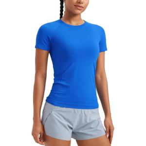 CRZ YOGA Seamless Workout Tops for Women Hip Length – Athletic Running Gym Yoga Short Sleeve Shirts Breathable Crewneck Tees(Sparkle Blue)