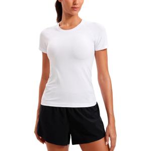 CRZ YOGA Seamless Workout Tops for Women Hip Length – Athletic Running Gym Yoga Short Sleeve Shirts Breathable Crewneck Tees(White)