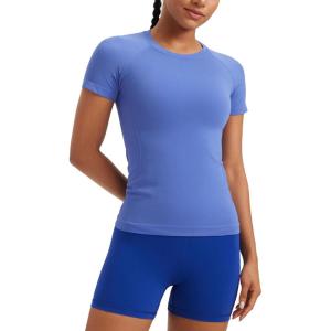 CRZ YOGA Seamless Workout Tops for Women Hip Length – Athletic Running Gym Yoga Short Sleeve Shirts Breathable Crewneck Tees(Wild Indigo)