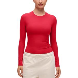 CRZ YOGA Softembrace Crewneck Long Sleeve Shirts for Women – Casual Going Out Tops Soft Basic Fitted Tight Fall T-Shirts(Aurora Red)