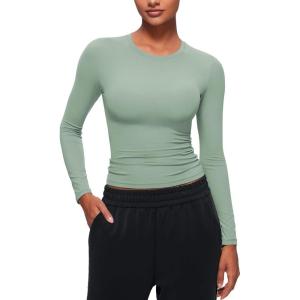 CRZ YOGA Softembrace Crewneck Long Sleeve Shirts for Women – Casual Going Out Tops Soft Basic Fitted Tight Fall T-Shirts(Green Palm Court)