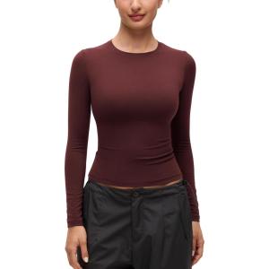 CRZ YOGA Softembrace Crewneck Long Sleeve Shirts for Women – Casual Going Out Tops Soft Basic Fitted Tight Fall T-Shirts(Red Merlot)