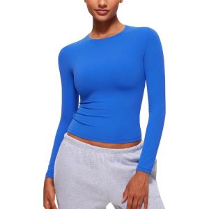 CRZ YOGA Softembrace Crewneck Long Sleeve Shirts for Women – Casual Going Out Tops Soft Basic Fitted Tight Fall T-Shirts(Sparkle Blue)