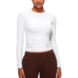 CRZ YOGA Softembrace Crewneck Long Sleeve Shirts for Women – Casual Going Out Tops Soft Basic Fitted Tight Fall T-Shirts(White)