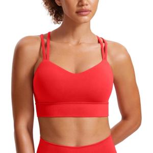 CRZ YOGA Softness Mold Butterluxe Strappy Longline Sports Bras for Women – Double Spaghetti Strap Workout Yoga Crop Top(Deep Red)