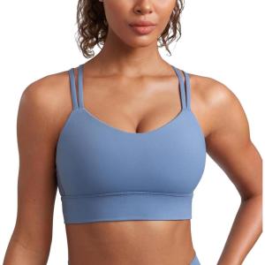 CRZ YOGA Softness Mold Butterluxe Strappy Longline Sports Bras for Women – Double Spaghetti Strap Workout Yoga Crop Top(Oasis Blue)