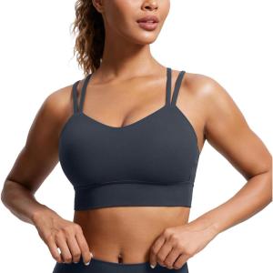 CRZ YOGA Softness Mold Butterluxe Strappy Longline Sports Bras for Women – Double Spaghetti Strap Workout Yoga Crop Top(True Navy)