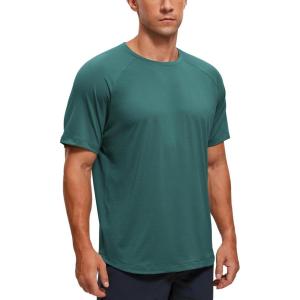 CRZ YOGA Texture Workout Shirts for Men – Lightweight Crewneck Running Athletic T-Shirts Short Sleeve Gym Tops(Forest Green)