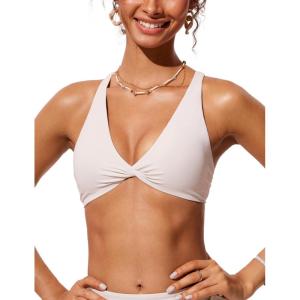 CRZ YOGA Twist Front Bikini Tops for Women – Padded V Neck Criss Cross Back Triangle Sexy Swim Bathing Suit(Milky White (Bone))