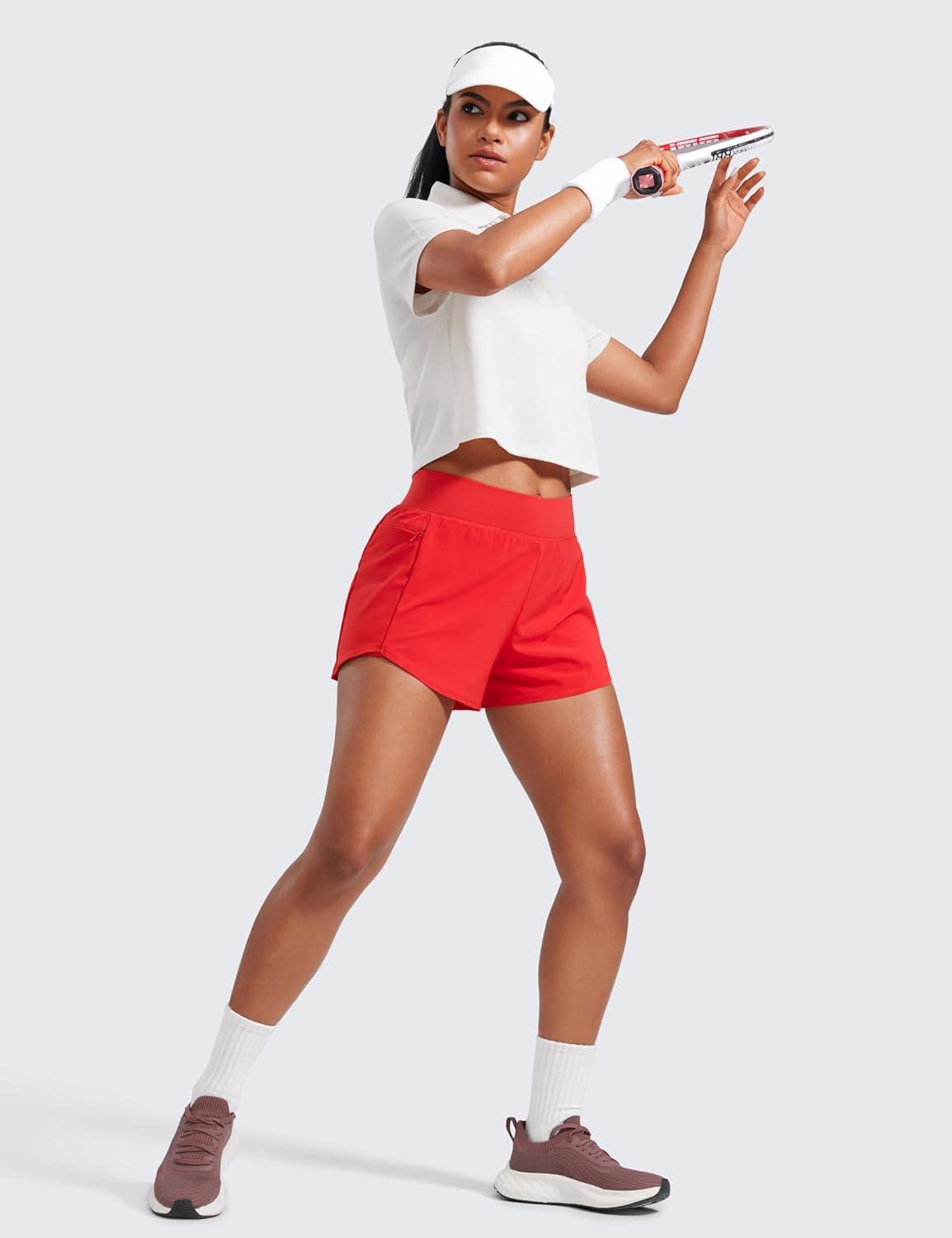 imageCRZ YOGA 2 in 1 Double Layer Running Shorts for Women 3quot High Waisted for Athletic Tennis Workout with Zip PocketsDeep Red