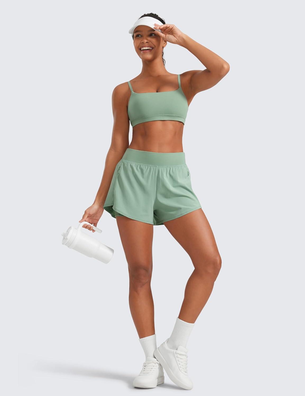 imageCRZ YOGA 2 in 1 Double Layer Running Shorts for Women 3quot High Waisted for Athletic Tennis Workout with Zip PocketsGreen Palm Court