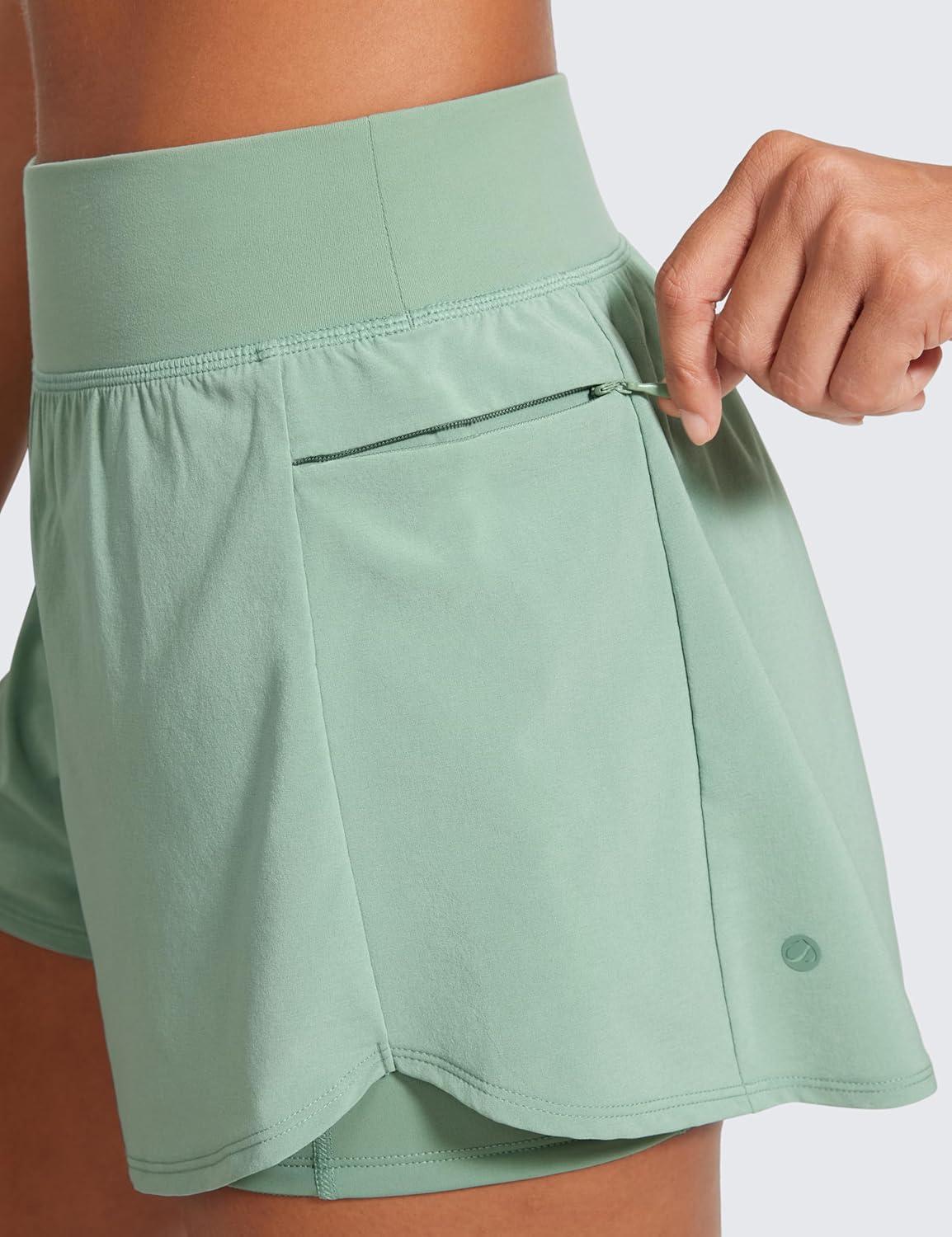 imageCRZ YOGA 2 in 1 Double Layer Running Shorts for Women 3quot High Waisted for Athletic Tennis Workout with Zip PocketsGreen Palm Court
