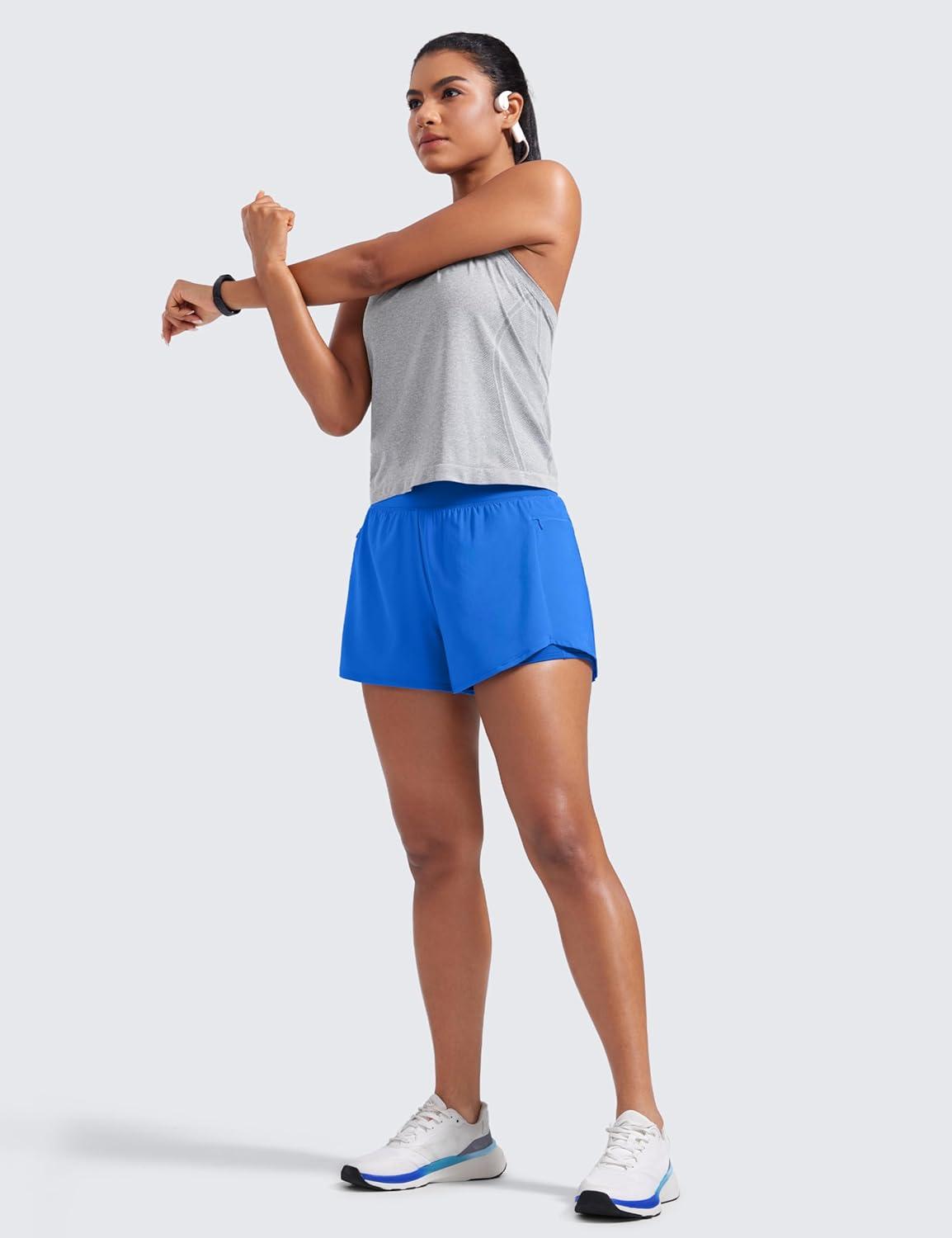 imageCRZ YOGA 2 in 1 Double Layer Running Shorts for Women 3quot High Waisted for Athletic Tennis Workout with Zip PocketsSparkle Blue