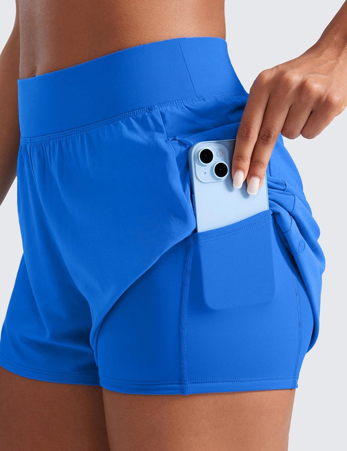 imageCRZ YOGA 2 in 1 Double Layer Running Shorts for Women 3quot High Waisted for Athletic Tennis Workout with Zip PocketsSparkle Blue