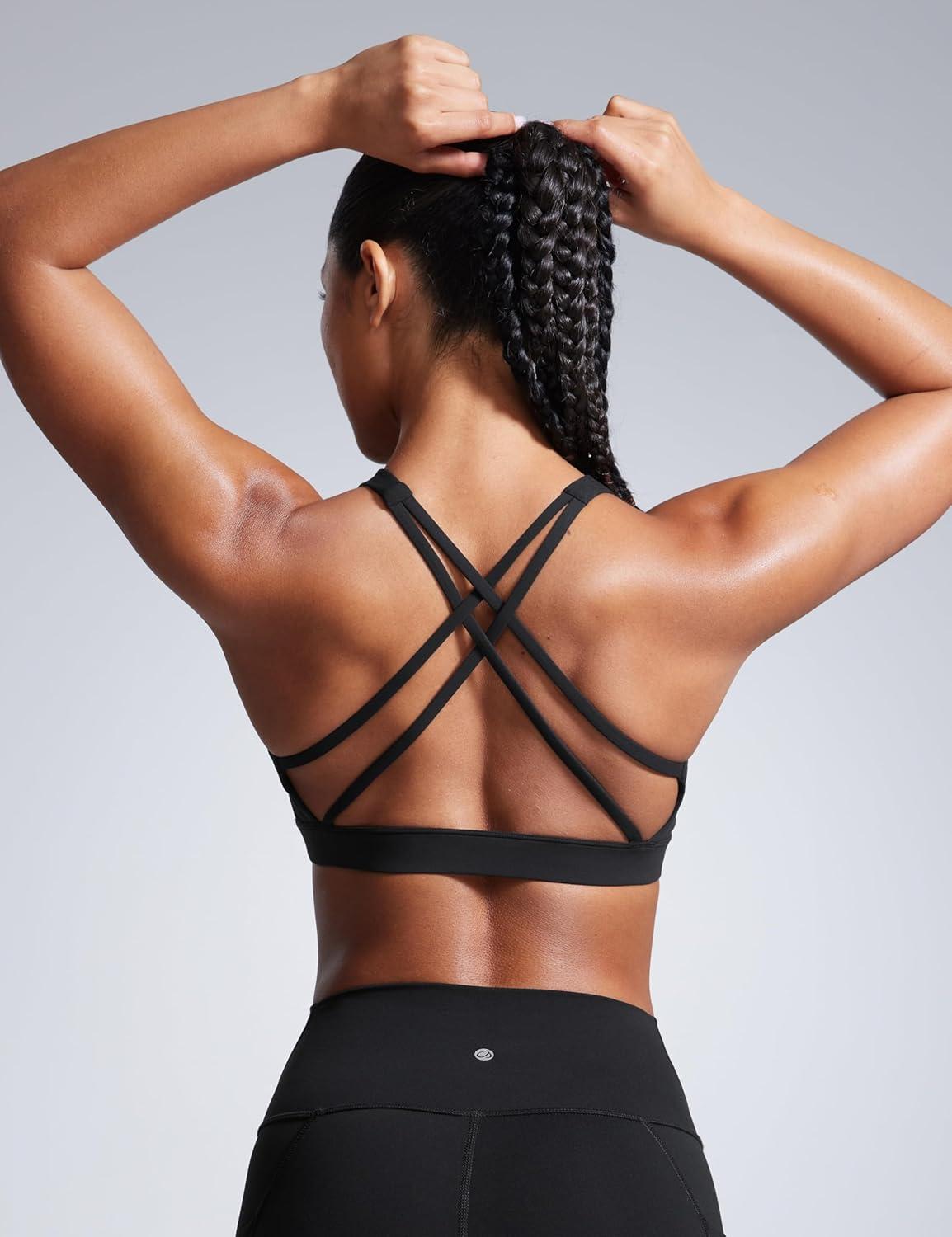 imageCRZ YOGA Butterbreeze Square Neck Sports Bras for Women Strappy Thin Straps Workout Traning Padded Gym Halter Cami TopBlack