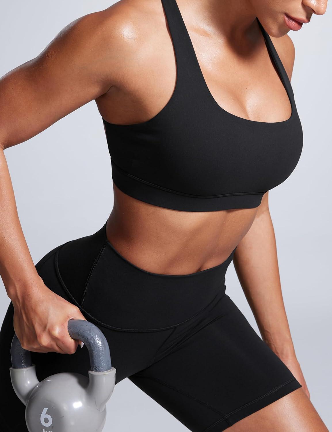 imageCRZ YOGA Butterbreeze Square Neck Sports Bras for Women Strappy Thin Straps Workout Traning Padded Gym Halter Cami TopBlack