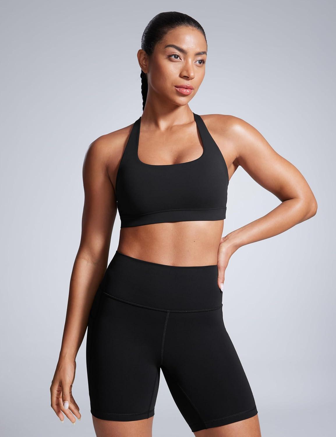imageCRZ YOGA Butterbreeze Square Neck Sports Bras for Women Strappy Thin Straps Workout Traning Padded Gym Halter Cami TopBlack
