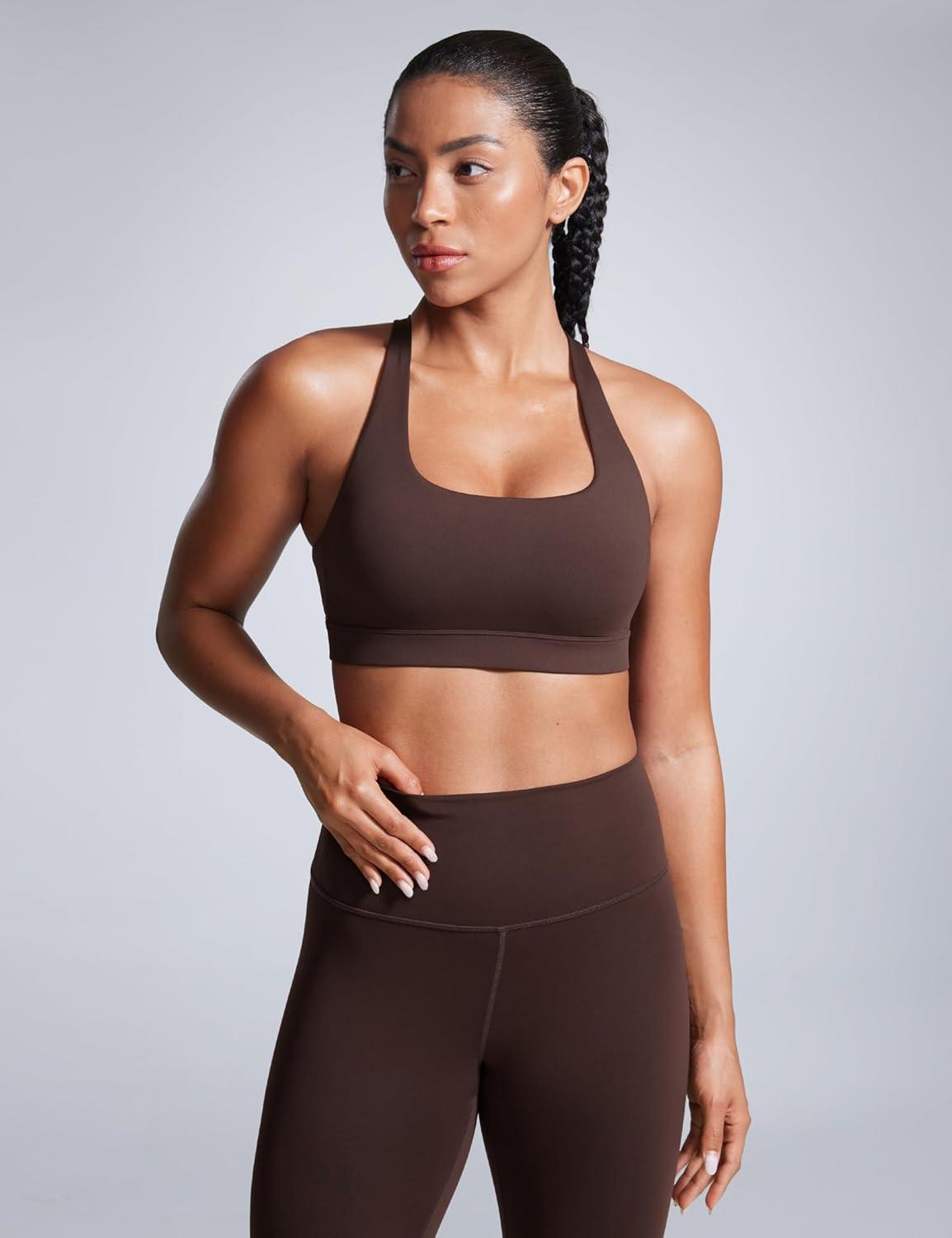 imageCRZ YOGA Butterbreeze Square Neck Sports Bras for Women Strappy Thin Straps Workout Traning Padded Gym Halter Cami TopHot Fudge Brown