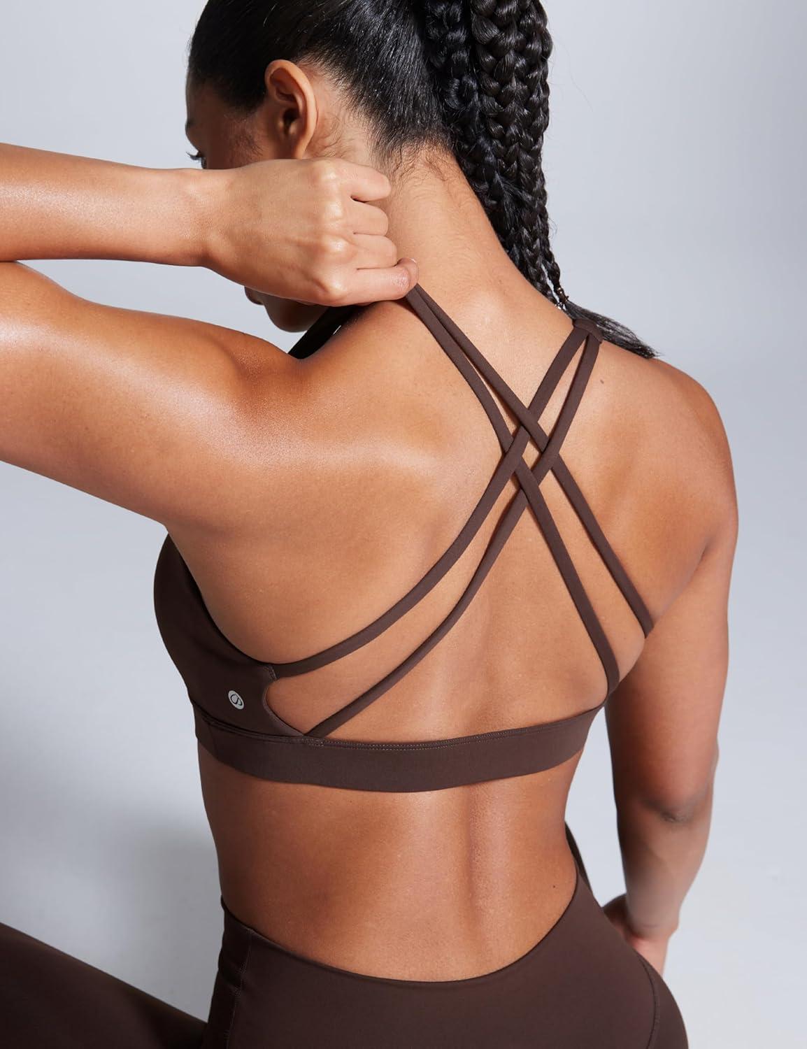 imageCRZ YOGA Butterbreeze Square Neck Sports Bras for Women Strappy Thin Straps Workout Traning Padded Gym Halter Cami TopHot Fudge Brown