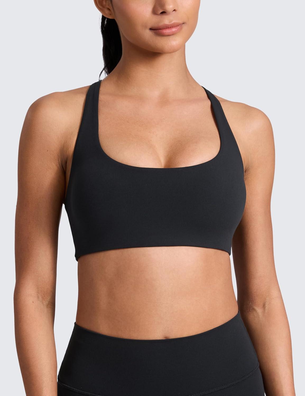 imageCRZ YOGA Butterlift Cross Back Sports Bras for Women Scoop Neck Adjustable Straps Wireless Padded Pilates Workout TopBlack