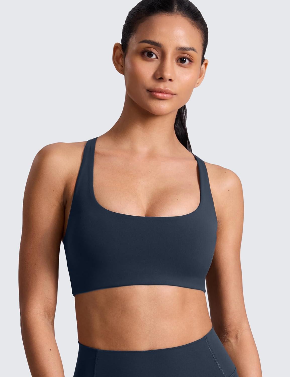 imageCRZ YOGA Butterlift Cross Back Sports Bras for Women Scoop Neck Adjustable Straps Wireless Padded Pilates Workout TopTwilight Blue