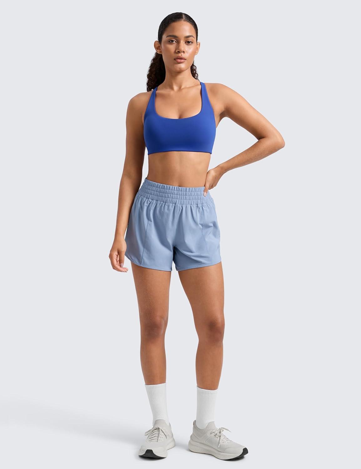 imageCRZ YOGA Butterlift Cross Back Sports Bras for Women Scoop Neck Adjustable Straps Wireless Padded Pilates Workout TopWaves Blue