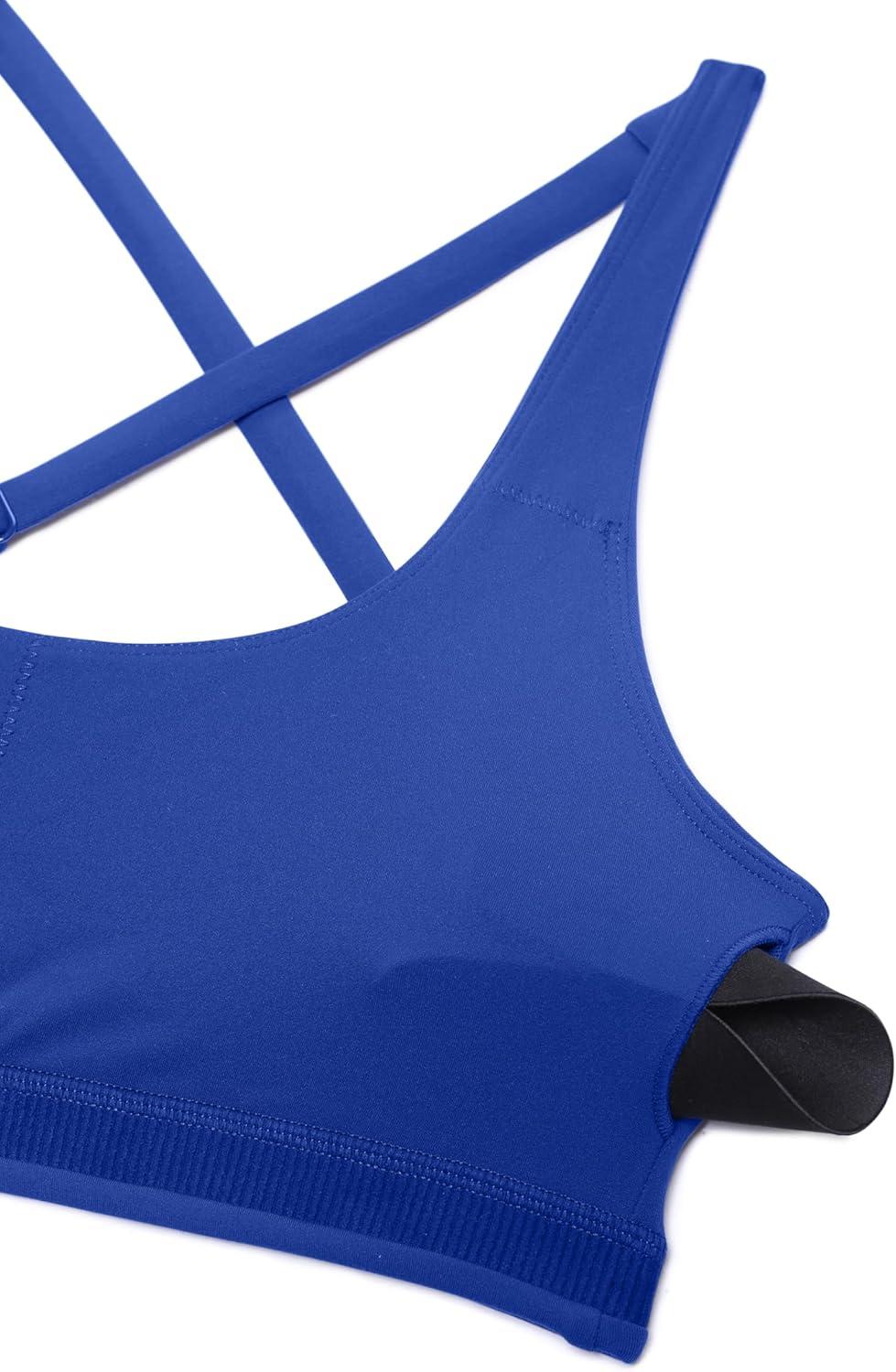 imageCRZ YOGA Butterlift Cross Back Sports Bras for Women Scoop Neck Adjustable Straps Wireless Padded Pilates Workout TopWaves Blue