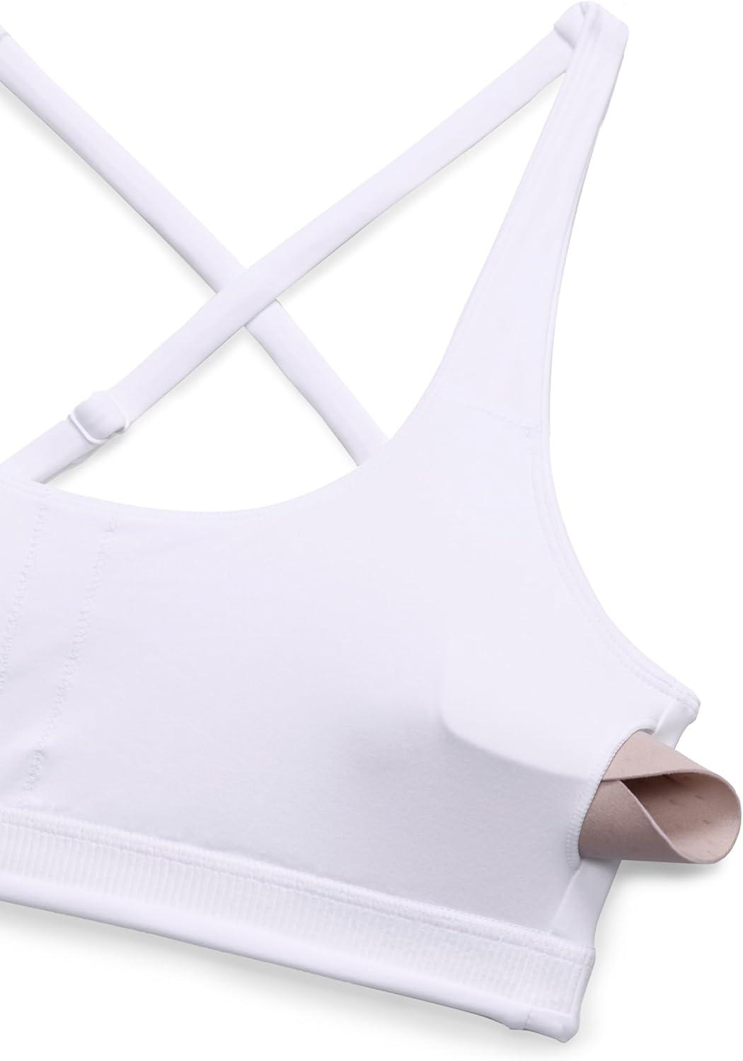 imageCRZ YOGA Butterlift Cross Back Sports Bras for Women Scoop Neck Adjustable Straps Wireless Padded Pilates Workout TopWhite