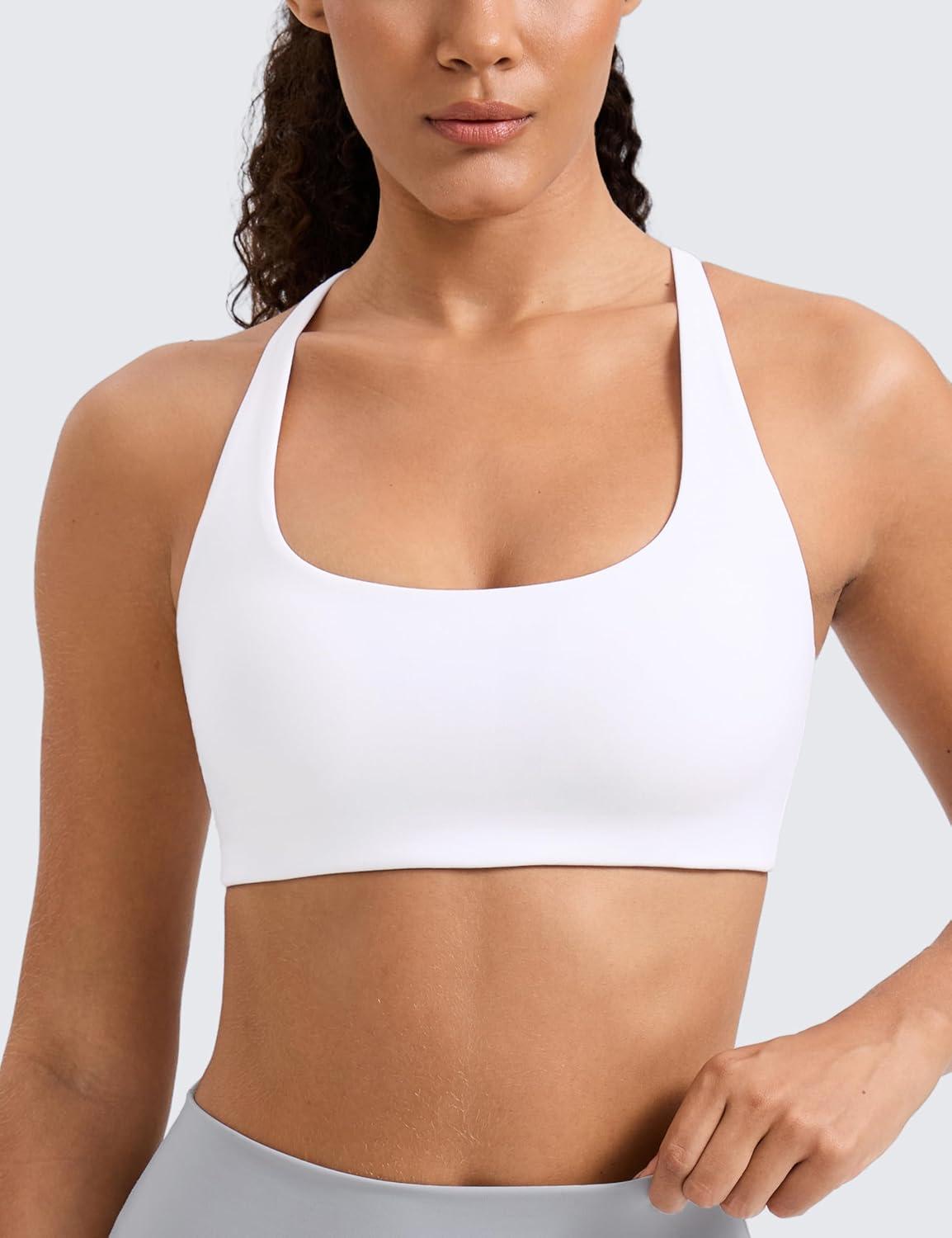 imageCRZ YOGA Butterlift Cross Back Sports Bras for Women Scoop Neck Adjustable Straps Wireless Padded Pilates Workout TopWhite