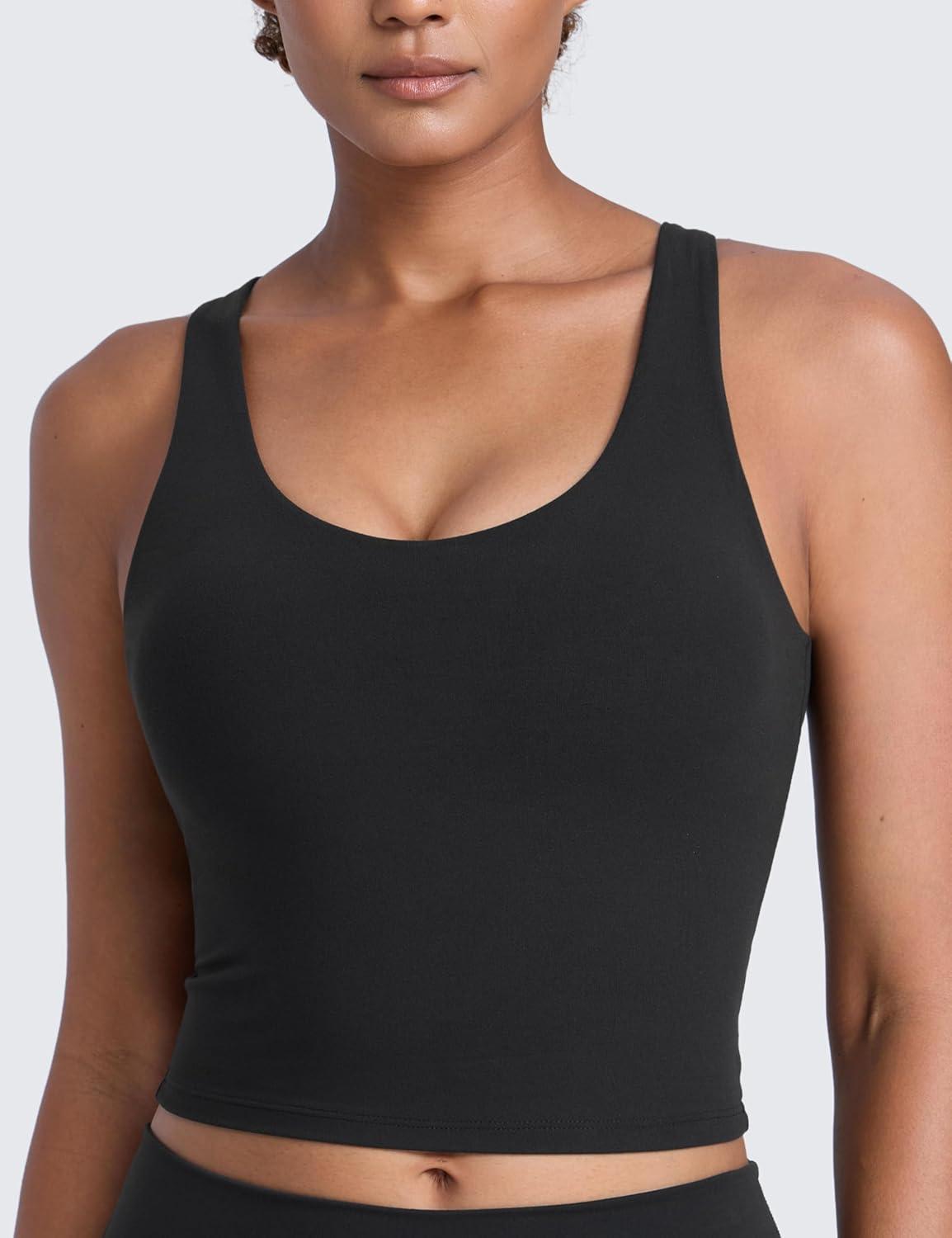 imageCRZ YOGA Butterlift Racerack Crop Tank Tops for Women U Neck Yoga Padded Longline Sports Bras Pilates WorkoutBlack