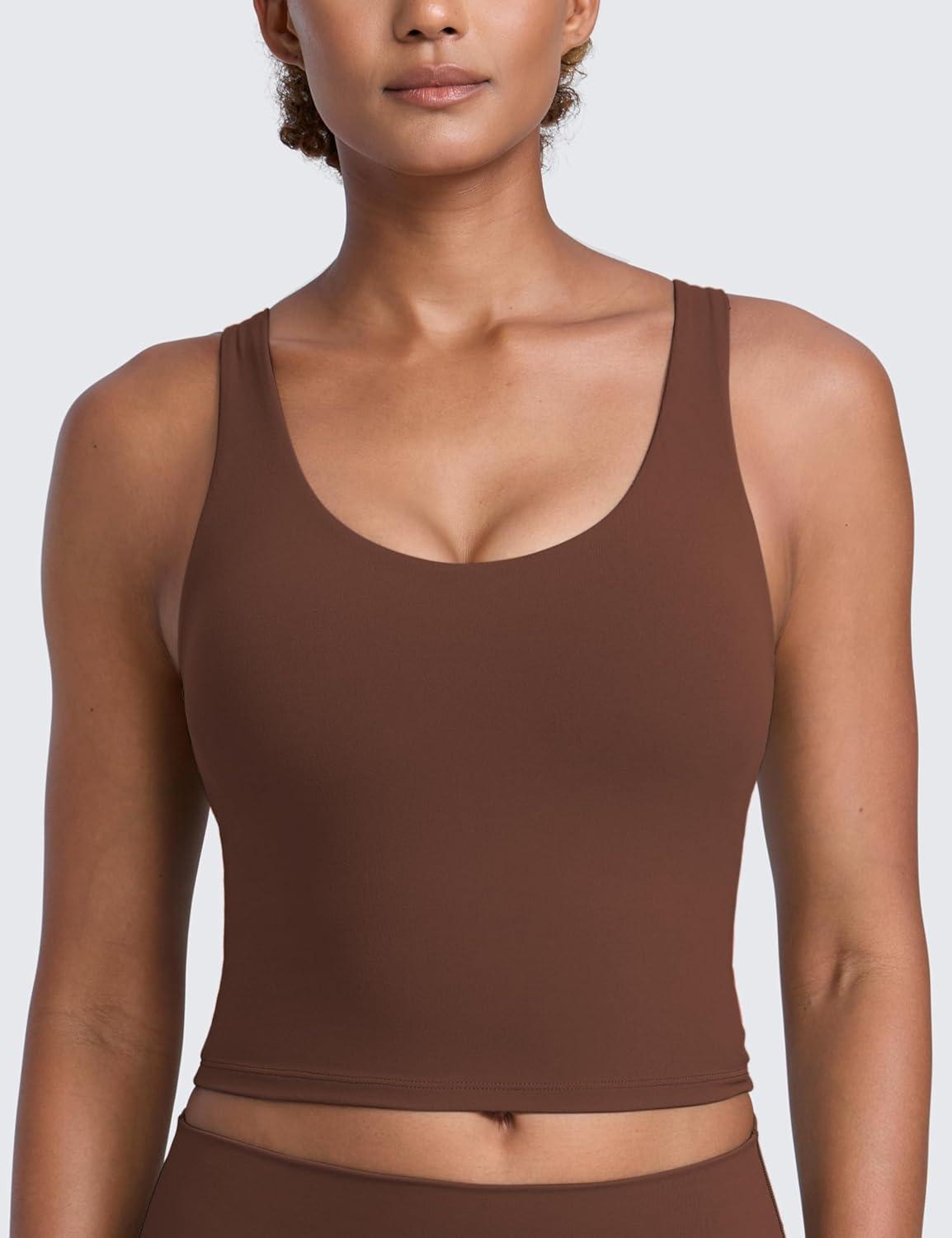 imageCRZ YOGA Butterlift Racerack Crop Tank Tops for Women U Neck Yoga Padded Longline Sports Bras Pilates WorkoutCoffee Brown