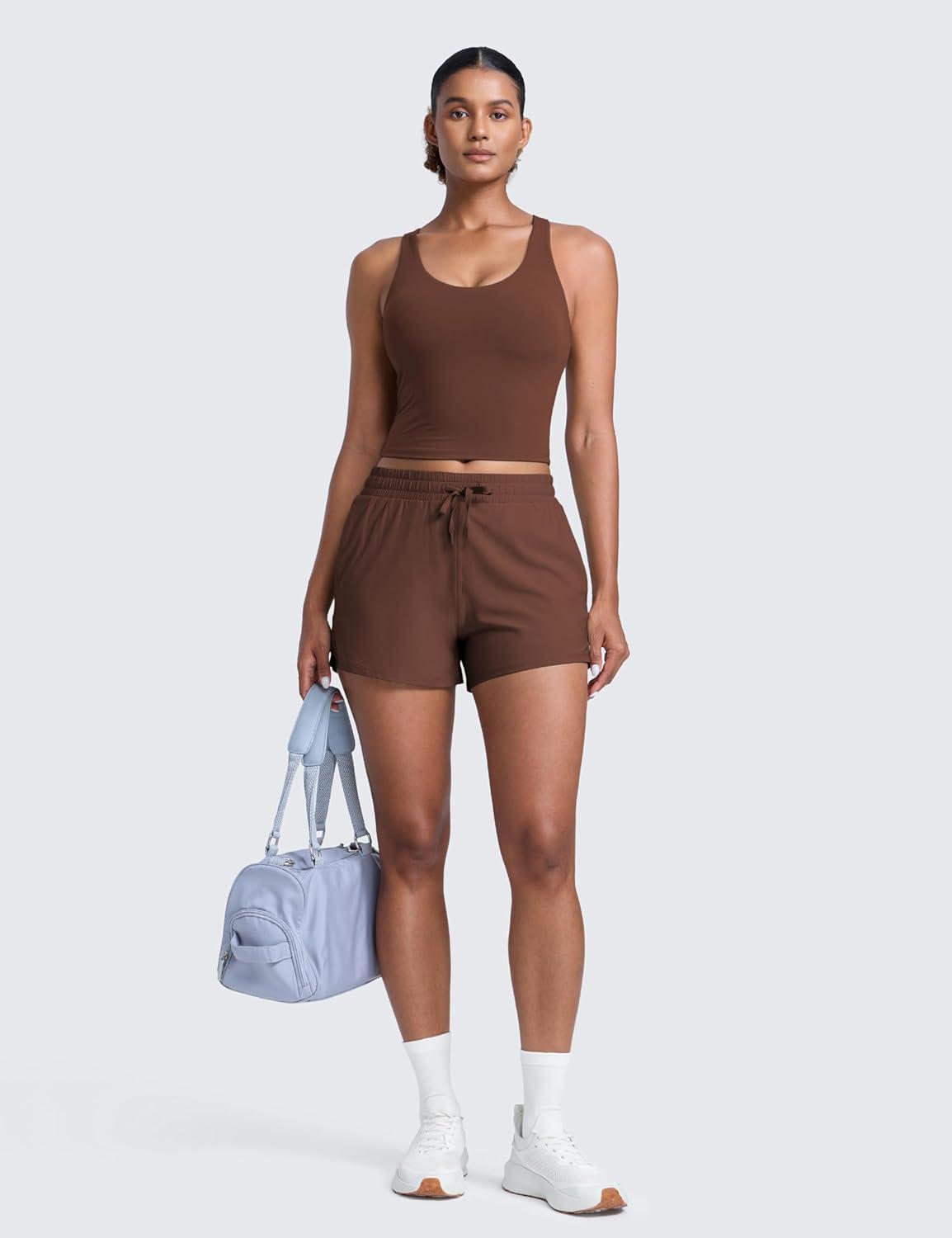 imageCRZ YOGA Butterlift Racerack Crop Tank Tops for Women U Neck Yoga Padded Longline Sports Bras Pilates WorkoutCoffee Brown