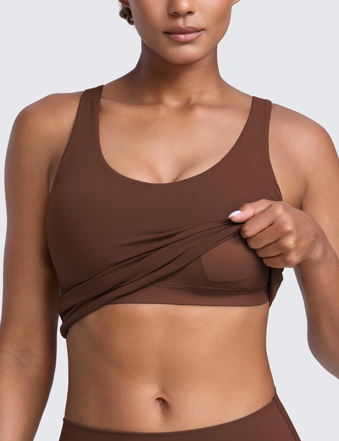 imageCRZ YOGA Butterlift Racerack Crop Tank Tops for Women U Neck Yoga Padded Longline Sports Bras Pilates WorkoutCoffee Brown