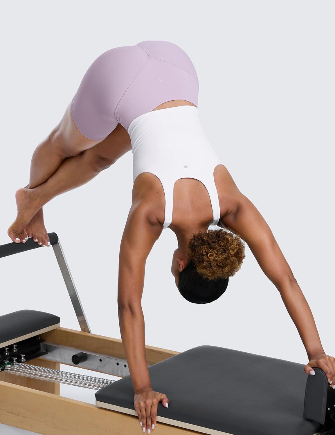 imageCRZ YOGA Butterlift Racerack Crop Tank Tops for Women U Neck Yoga Padded Longline Sports Bras Pilates WorkoutWhite