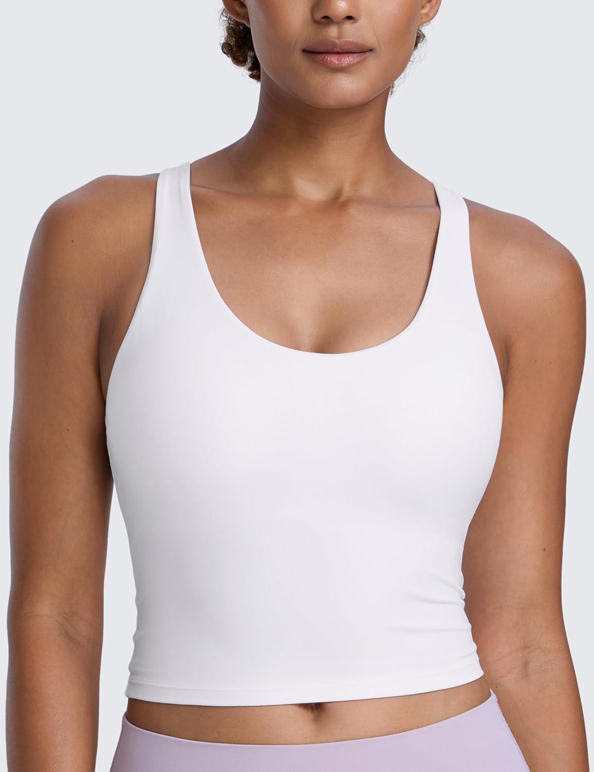 imageCRZ YOGA Butterlift Racerack Crop Tank Tops for Women U Neck Yoga Padded Longline Sports Bras Pilates WorkoutWhite