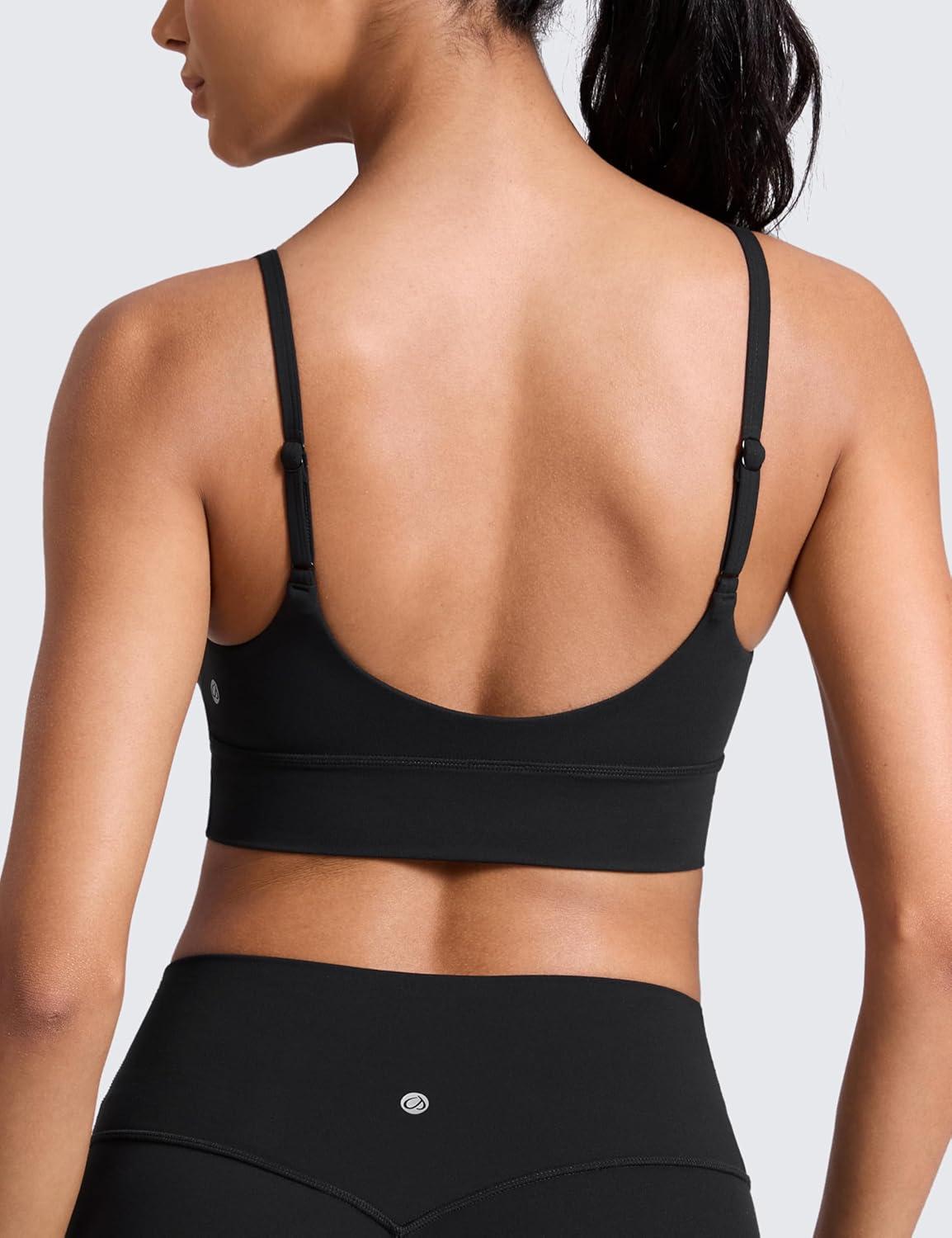 imageCRZ YOGA Butterlift Scoop Neck Longline Sports Bras for Women Adjustable Spaghetti Strap Workout Crop Top Padded Cami TankBlack