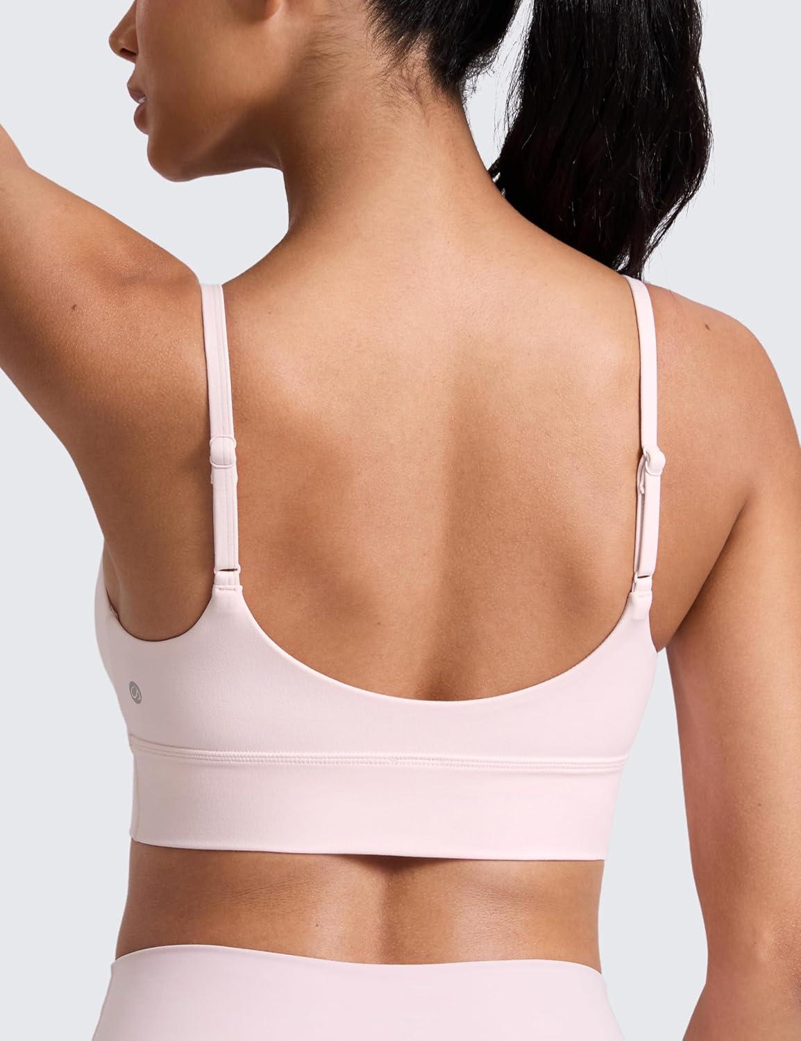 imageCRZ YOGA Butterlift Scoop Neck Longline Sports Bras for Women Adjustable Spaghetti Strap Workout Crop Top Padded Cami TankStrawberry Pink