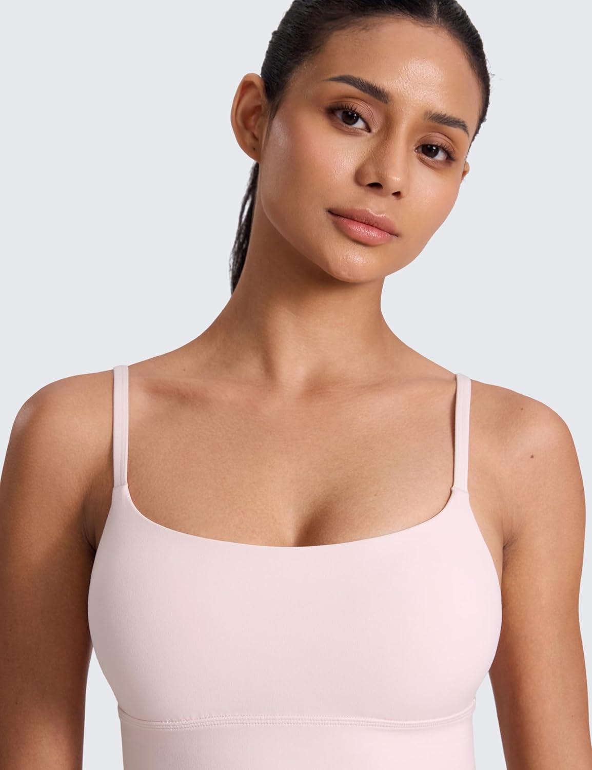 imageCRZ YOGA Butterlift Scoop Neck Longline Sports Bras for Women Adjustable Spaghetti Strap Workout Crop Top Padded Cami TankStrawberry Pink