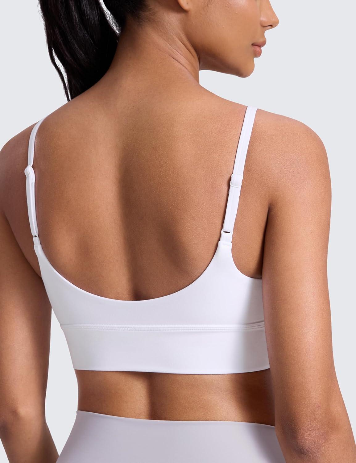 imageCRZ YOGA Butterlift Scoop Neck Longline Sports Bras for Women Adjustable Spaghetti Strap Workout Crop Top Padded Cami TankWhite
