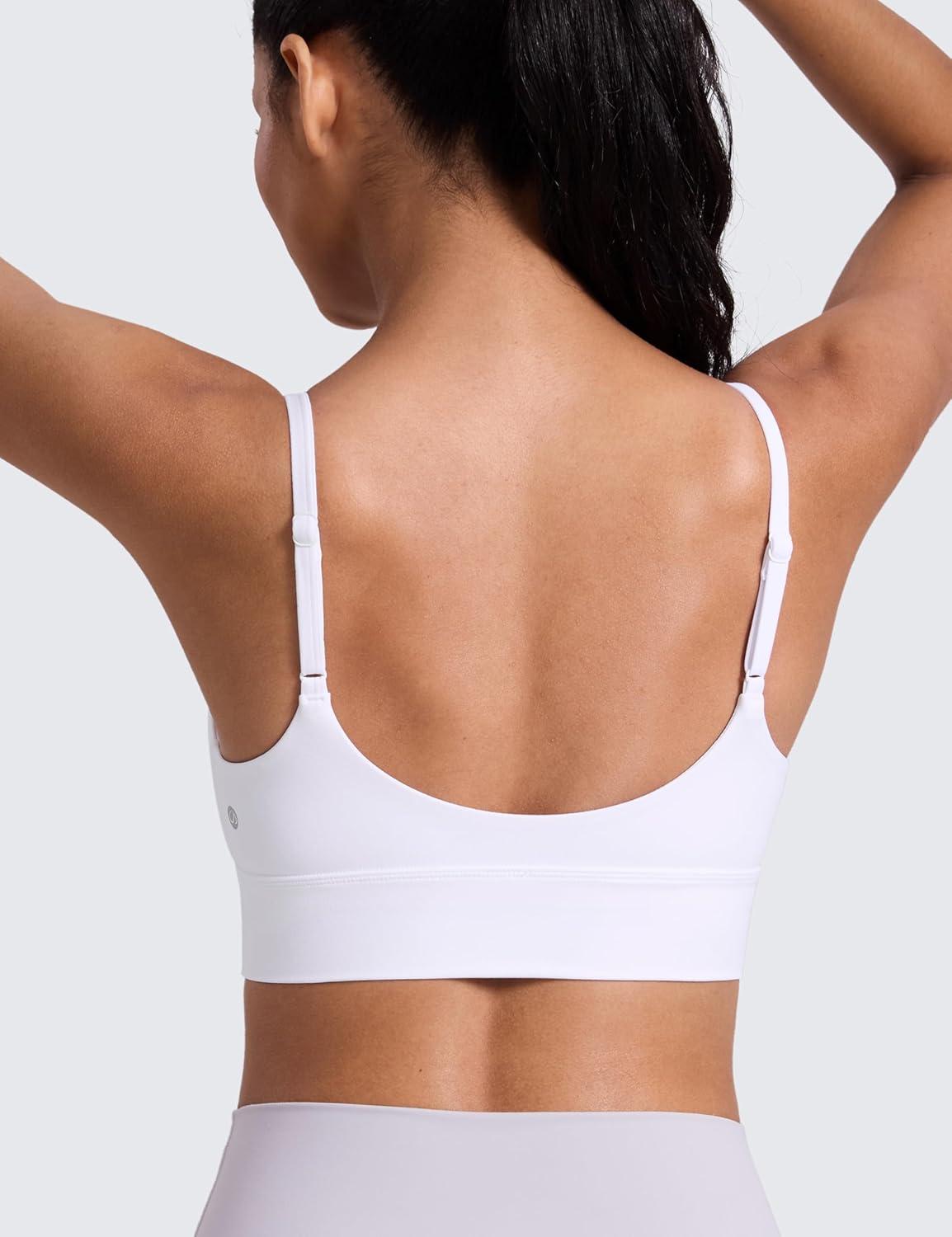 imageCRZ YOGA Butterlift Scoop Neck Longline Sports Bras for Women Adjustable Spaghetti Strap Workout Crop Top Padded Cami TankWhite
