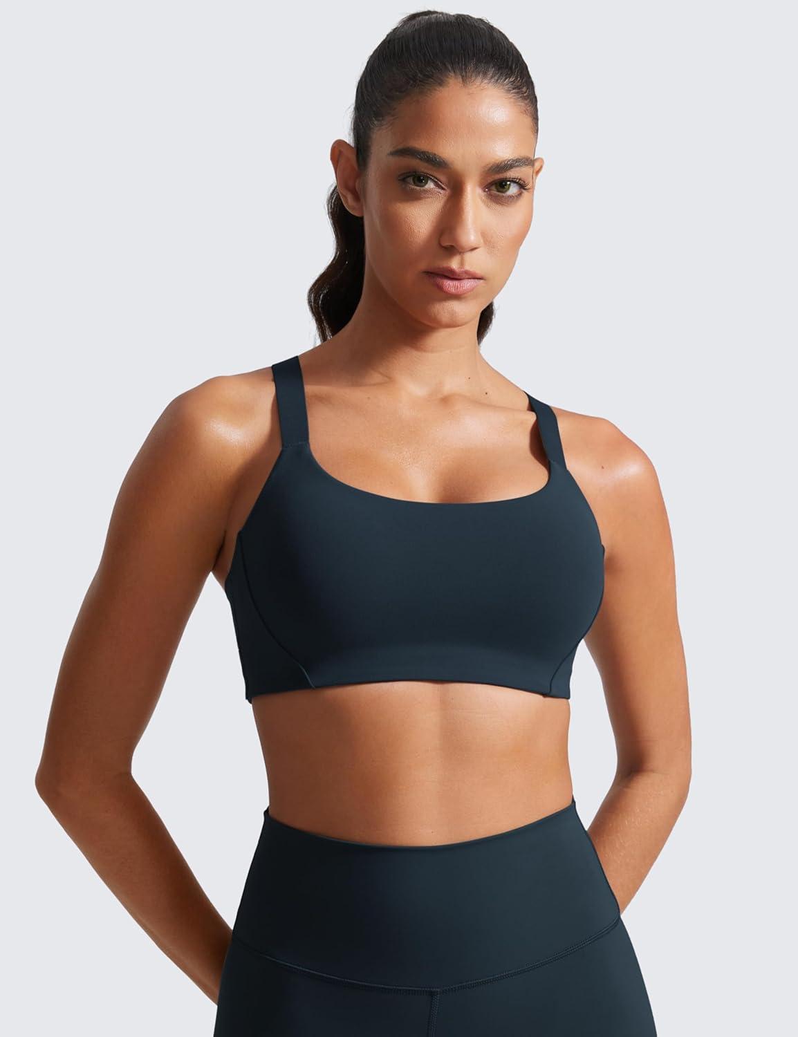 imageCRZ YOGA Butterlift Womens Racerback Padded Sports Bras Medium Impact Scoop Neck Adjustable Straps Gym Workout TopTrue Navy