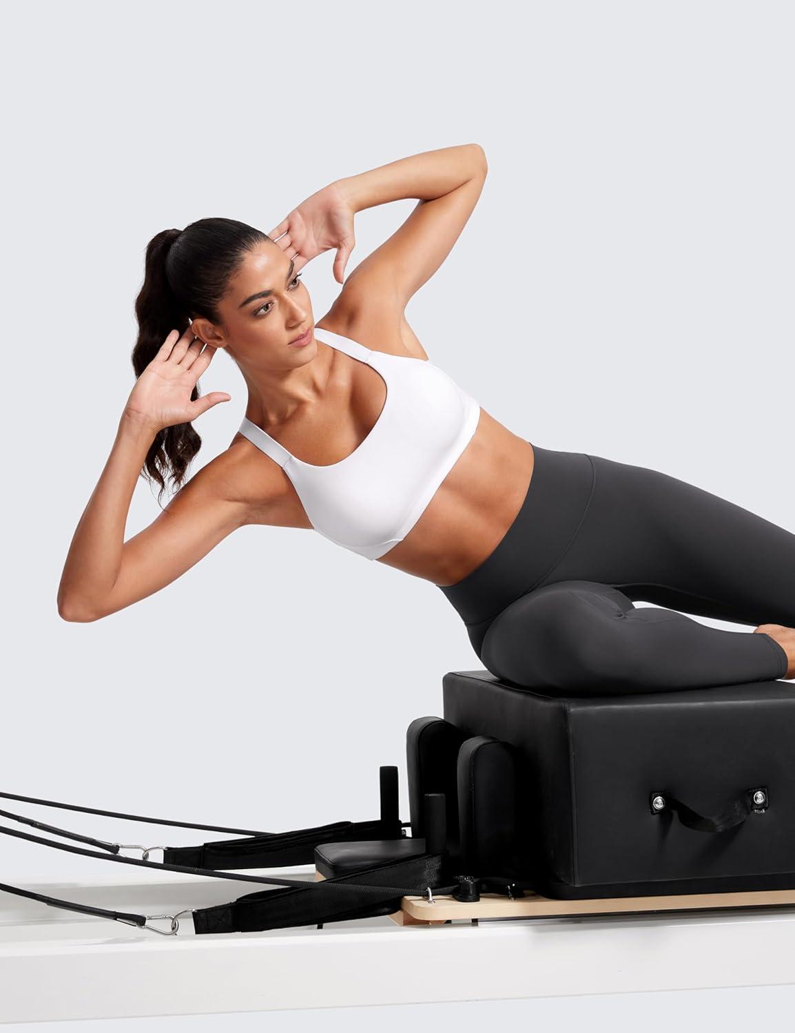 imageCRZ YOGA Butterlift Womens Racerback Padded Sports Bras Medium Impact Scoop Neck Adjustable Straps Gym Workout TopWhite