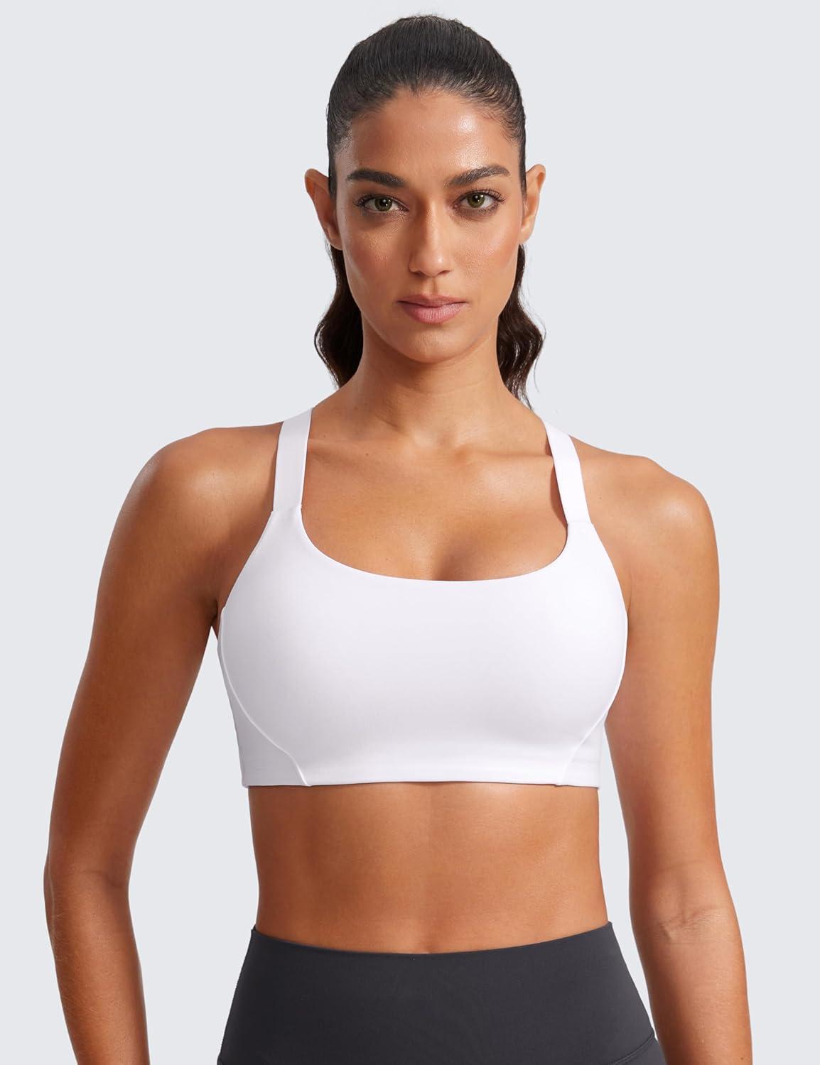 imageCRZ YOGA Butterlift Womens Racerback Padded Sports Bras Medium Impact Scoop Neck Adjustable Straps Gym Workout TopWhite
