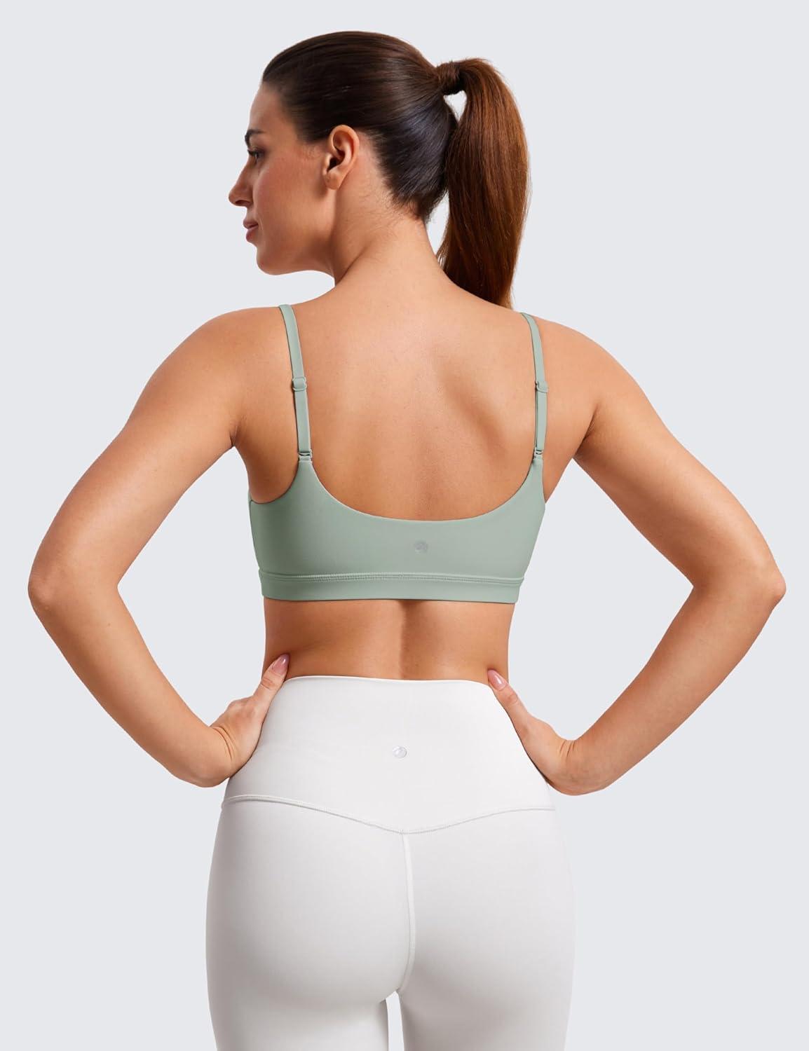 imageCRZ YOGA Butterluxe Adjustable Spaghetti Strap Sports Bras for Women Scoop Neck Wireless Padded Yoga Workout Crop TopGreen Palm Court
