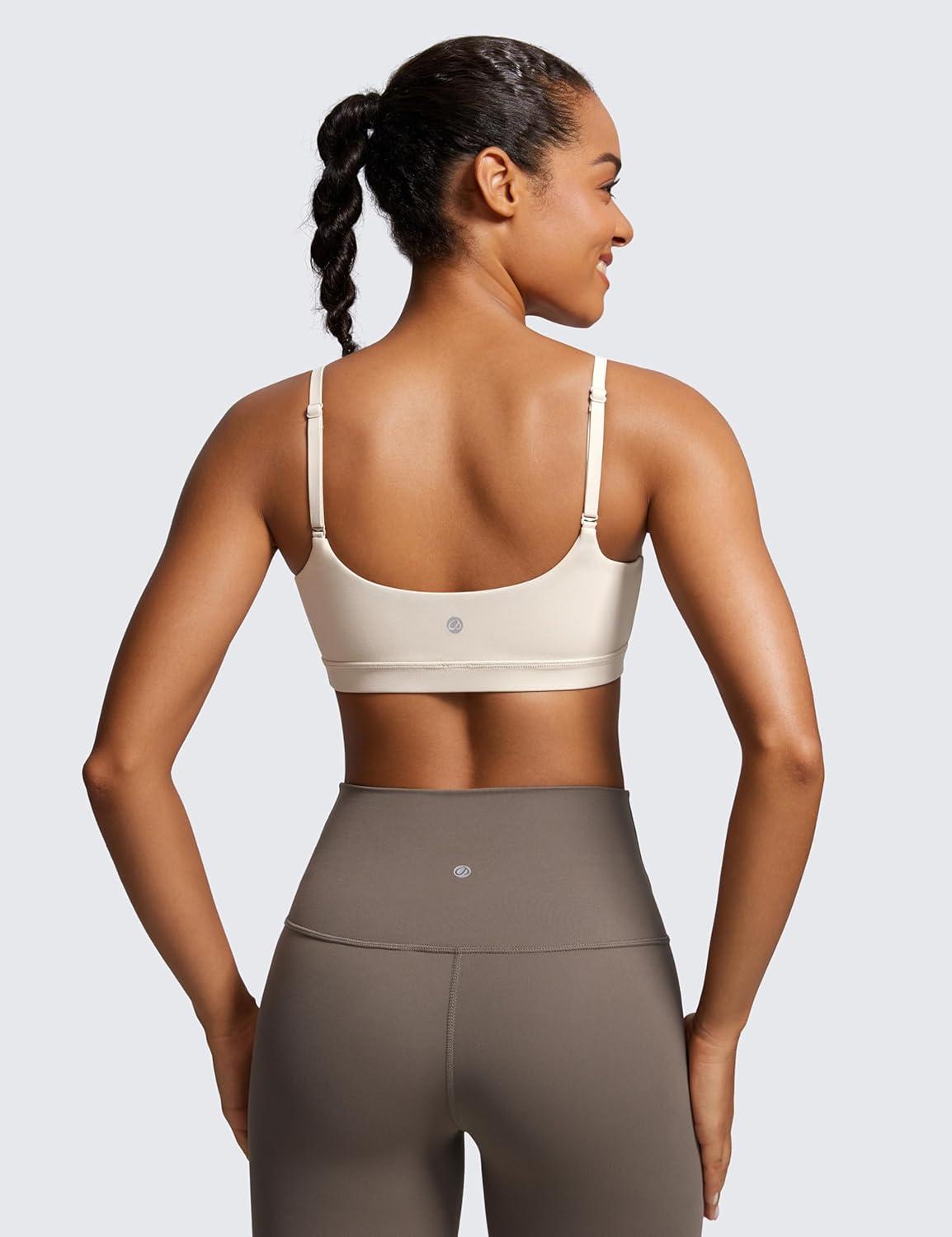 imageCRZ YOGA Butterluxe Adjustable Spaghetti Strap Sports Bras for Women Scoop Neck Wireless Padded Yoga Workout Crop TopMojave Tan