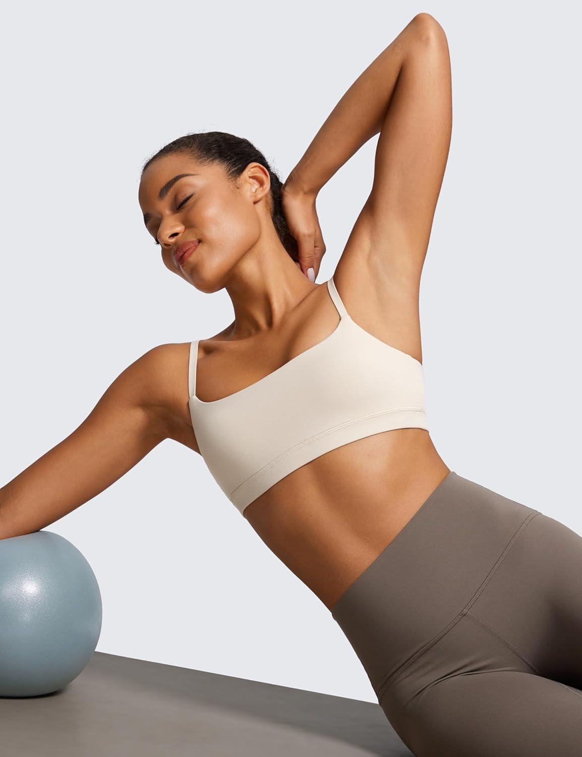 imageCRZ YOGA Butterluxe Adjustable Spaghetti Strap Sports Bras for Women Scoop Neck Wireless Padded Yoga Workout Crop TopMojave Tan