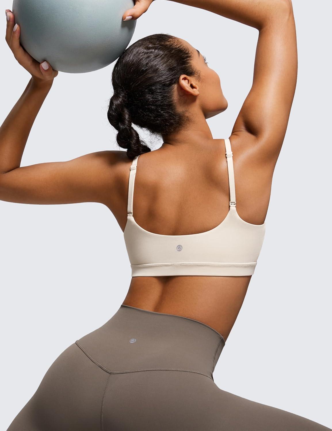 imageCRZ YOGA Butterluxe Adjustable Spaghetti Strap Sports Bras for Women Scoop Neck Wireless Padded Yoga Workout Crop TopMojave Tan